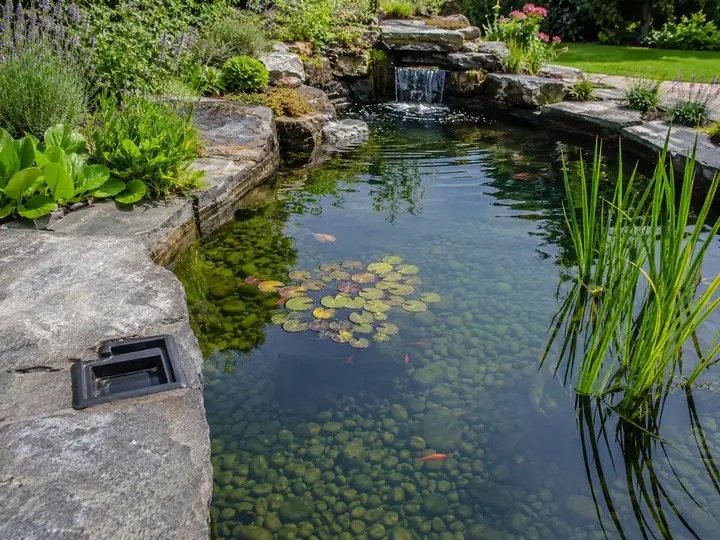 Heldere tuinvijver met planten en een kleine waterval