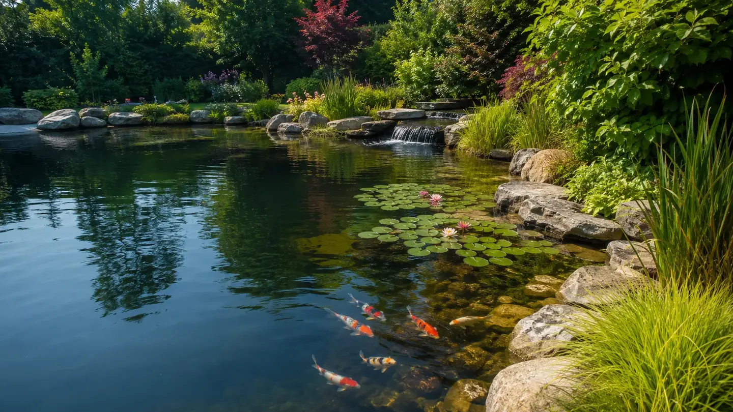 Natuurlijke tuinvijver met helder water, waterlelies en vissen