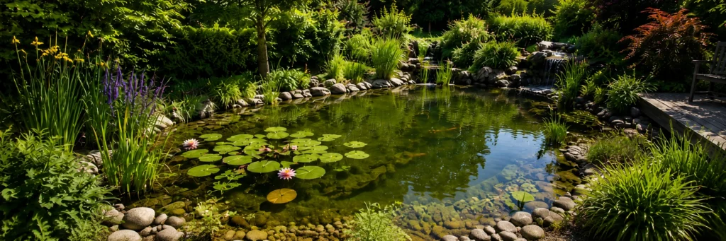 Tuinvijver met verschillende waterplanten en oeverplanten