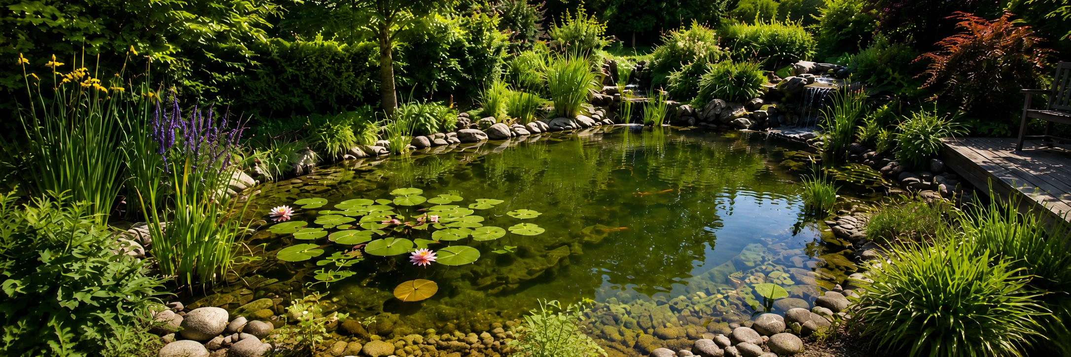 Tuinvijver met verschillende waterplanten langs de oever en in het water