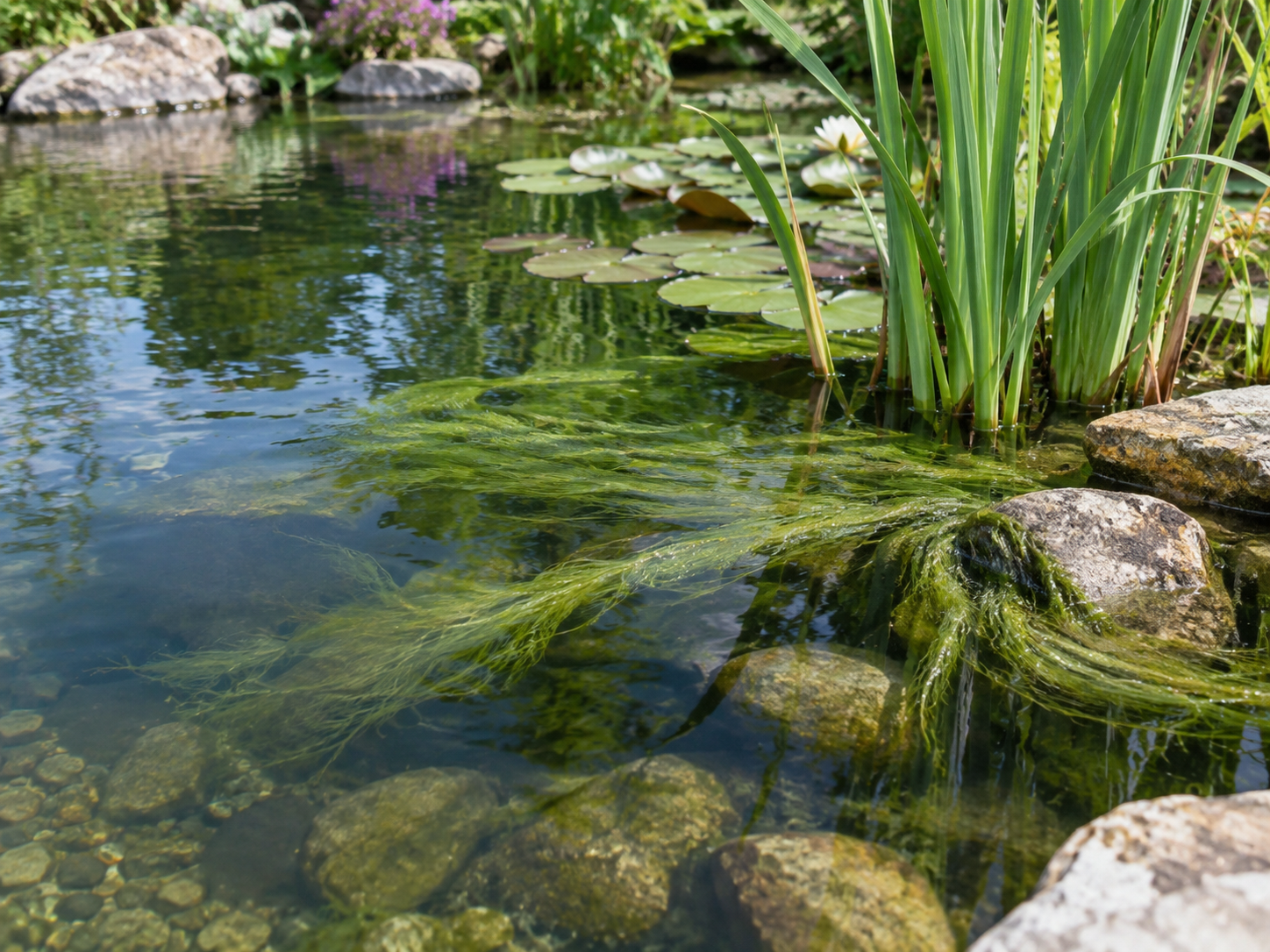 Draadalg in de vijver tussen stenen en waterplanten