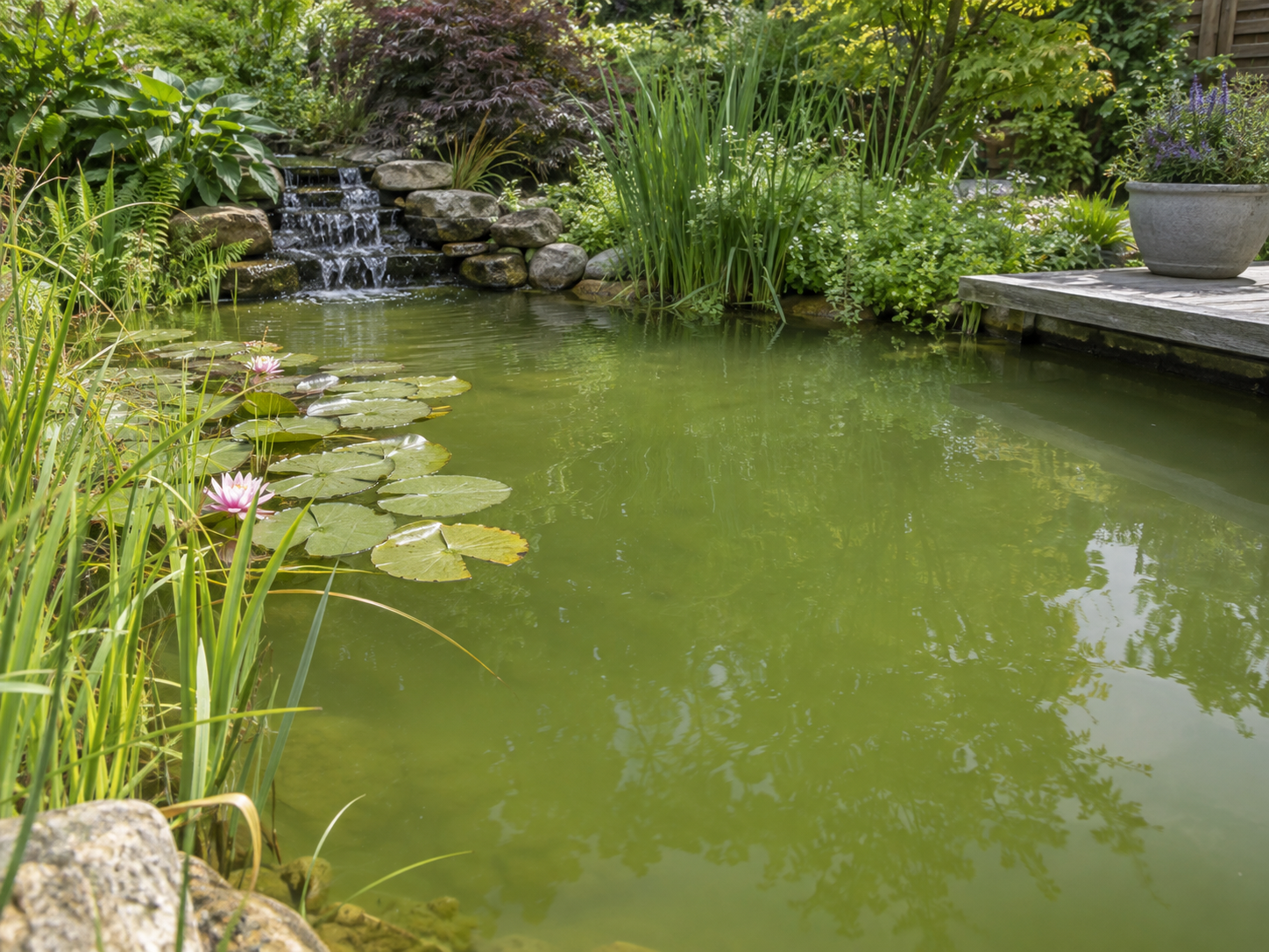 Tuinvijver met groen water door zweefalgen