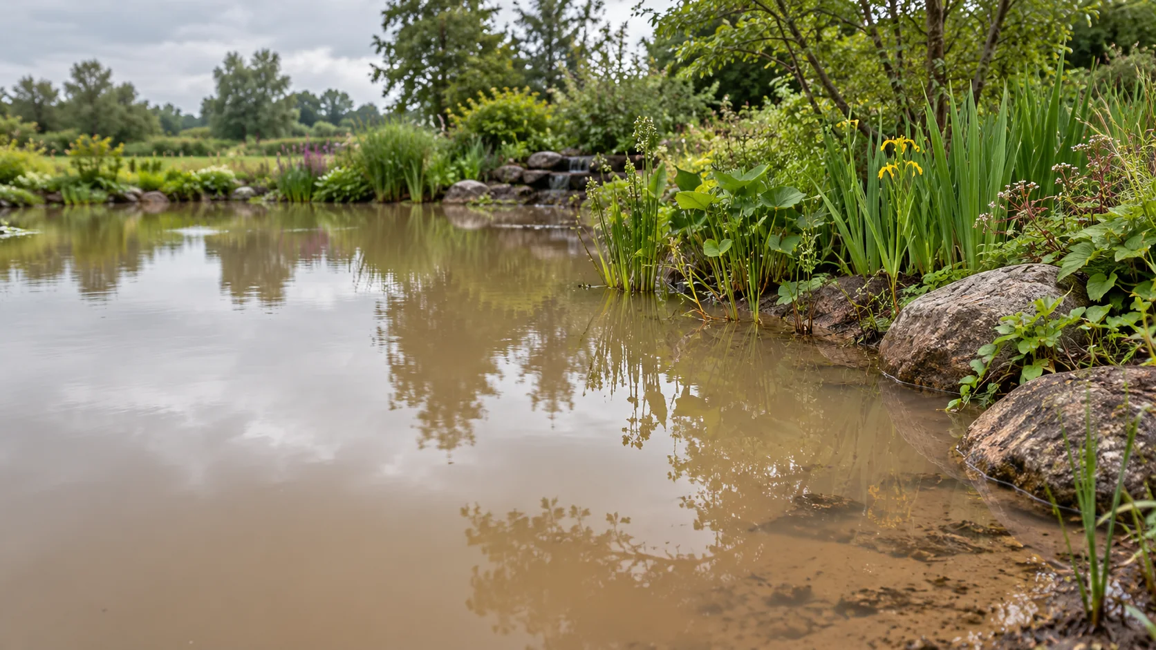 Vijver met bruin troebel water en beplante oever na regen