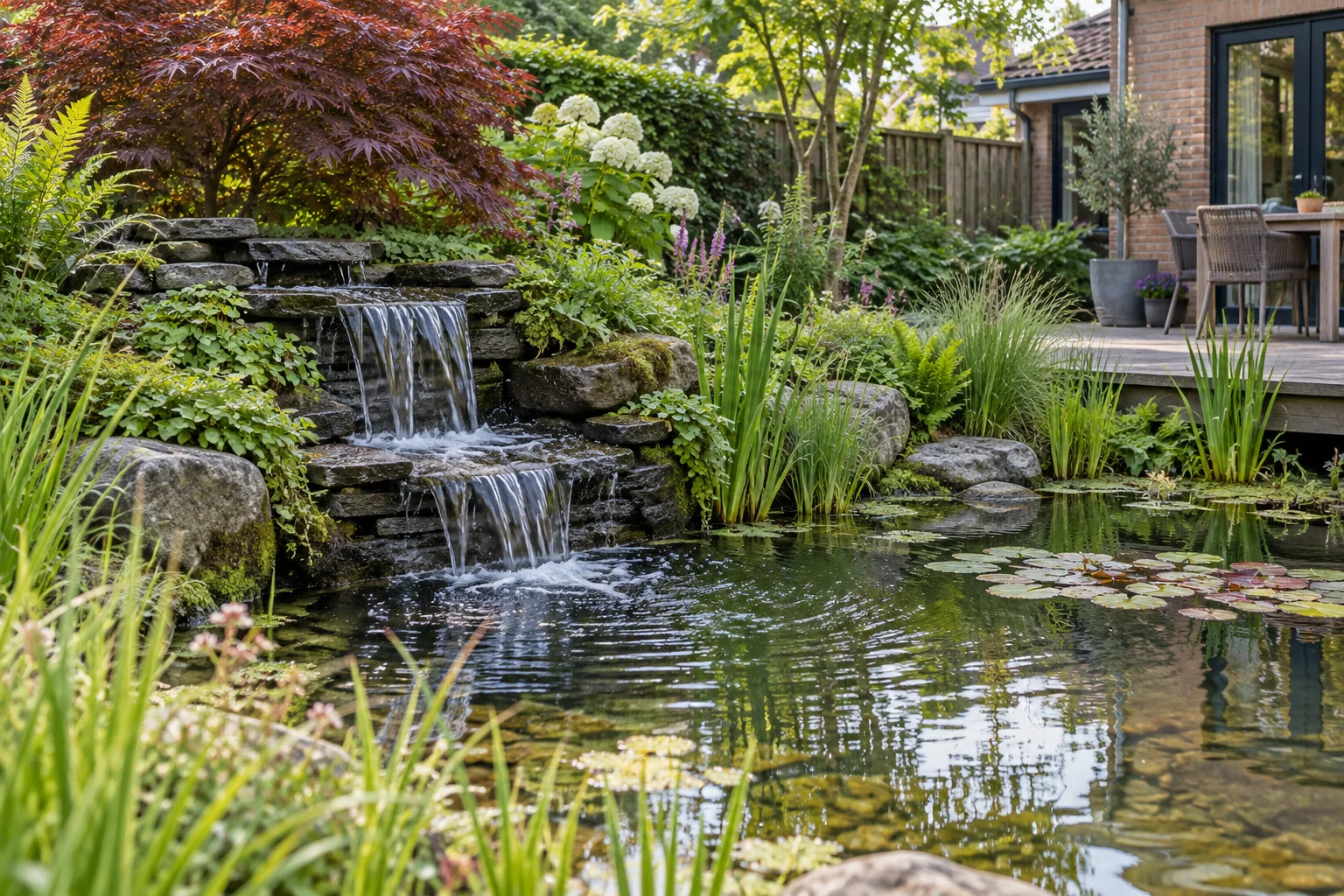 Lage stenen waterval die uitmondt in een beplante tuinvijver