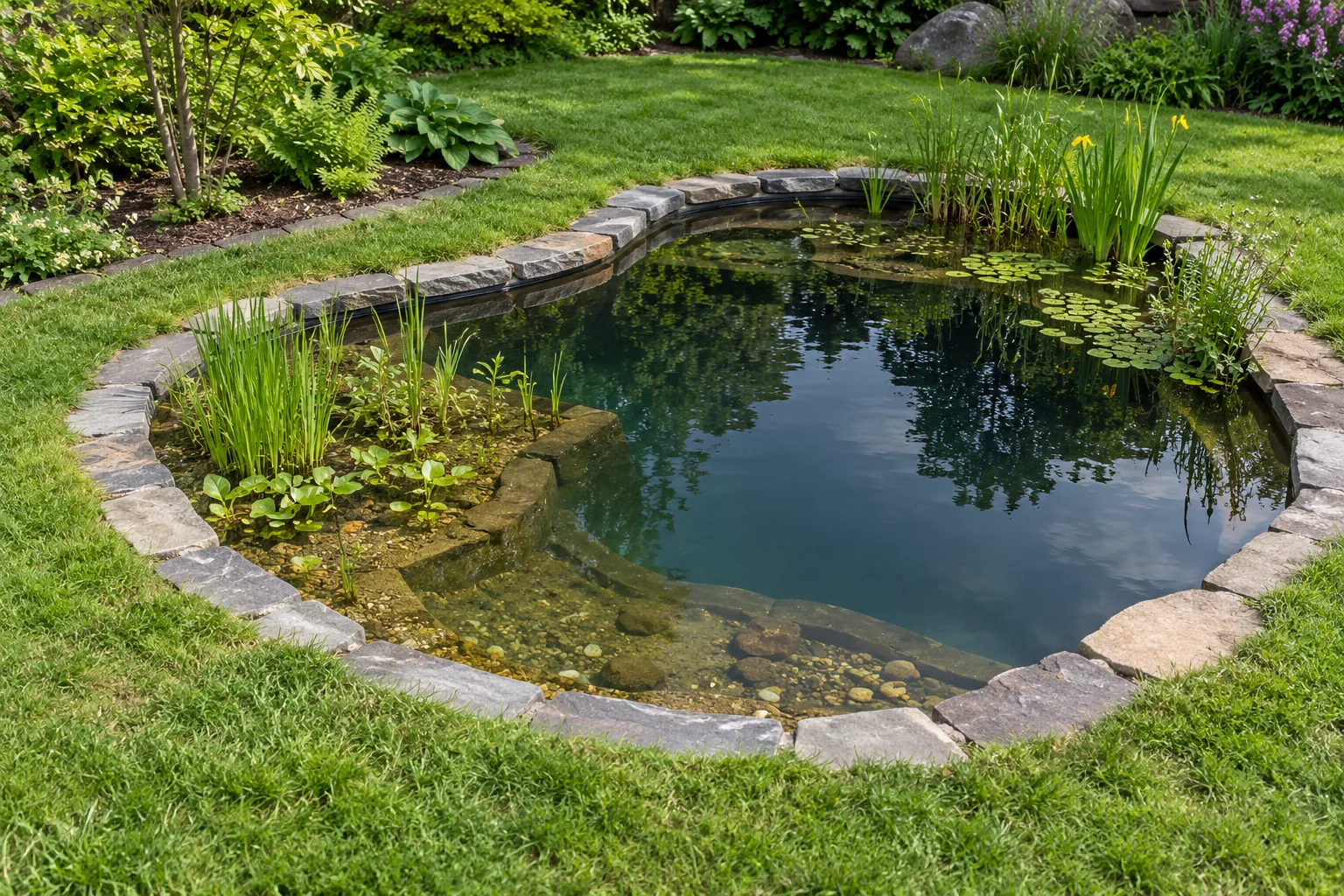 Voorgevormde vijverbak met plantplateaus in een groene tuin