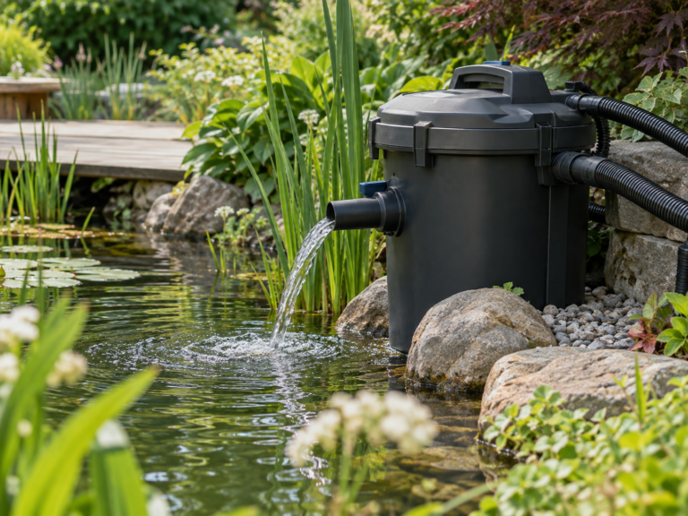 Vijverfilter naast een beplante tuinvijver