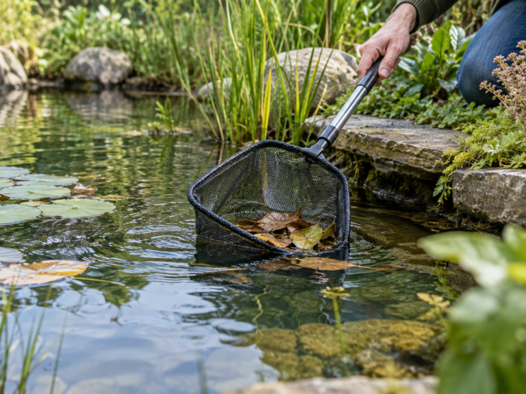 Vijveronderhoud aan een beplante tuinvijver met een schepnet