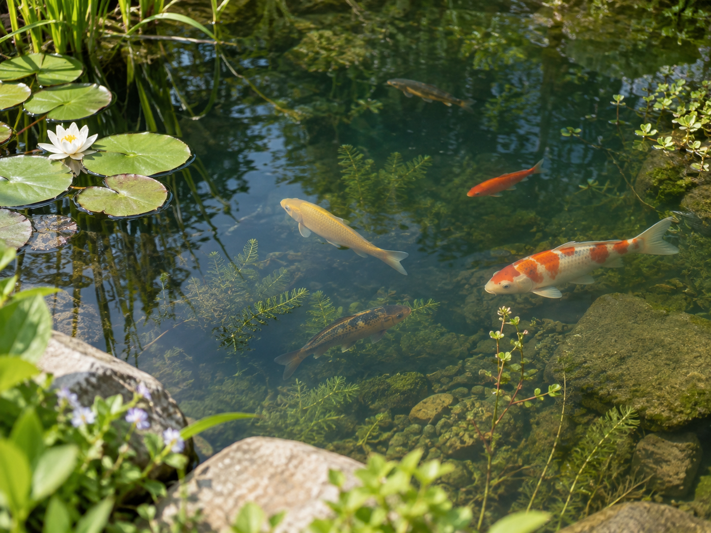 Verschillende vijvervissen zwemmen tussen waterplanten in helder vijverwater