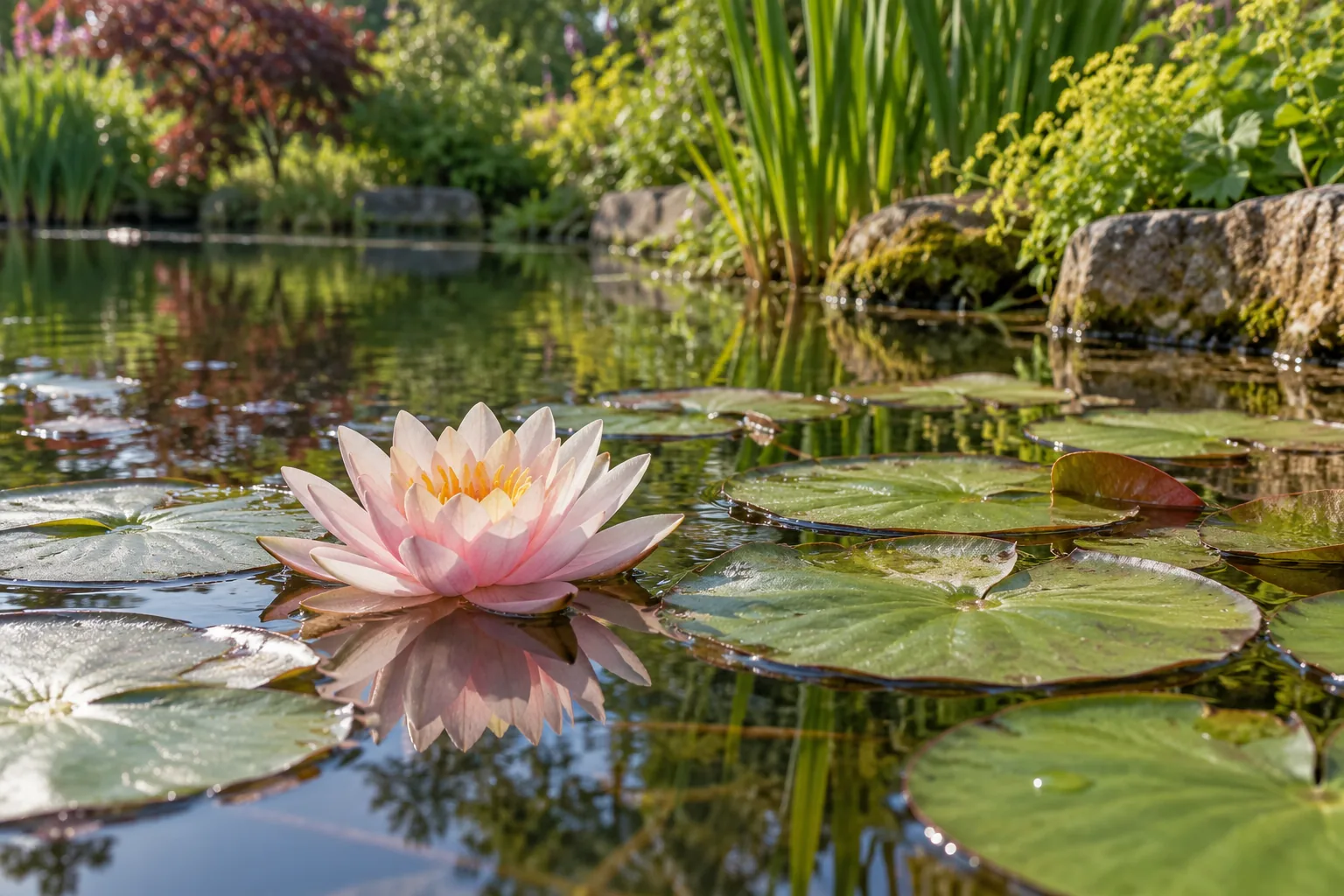 Roze waterlelie tussen drijvende bladeren in een beplante tuinvijver