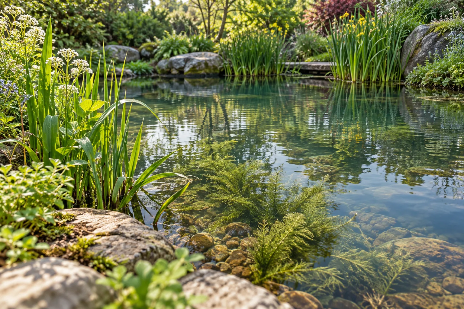 Ondergedoken waterplanten in een heldere tuinvijver met oeverbeplanting