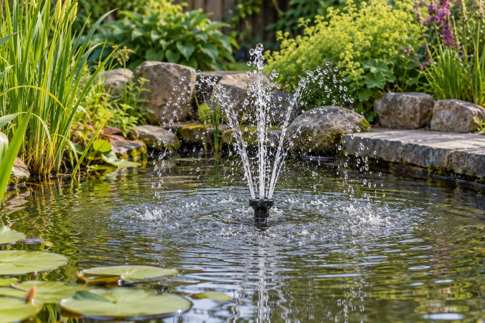 Compacte vijverfontein met lage waterstralen in een beplante tuinvijver