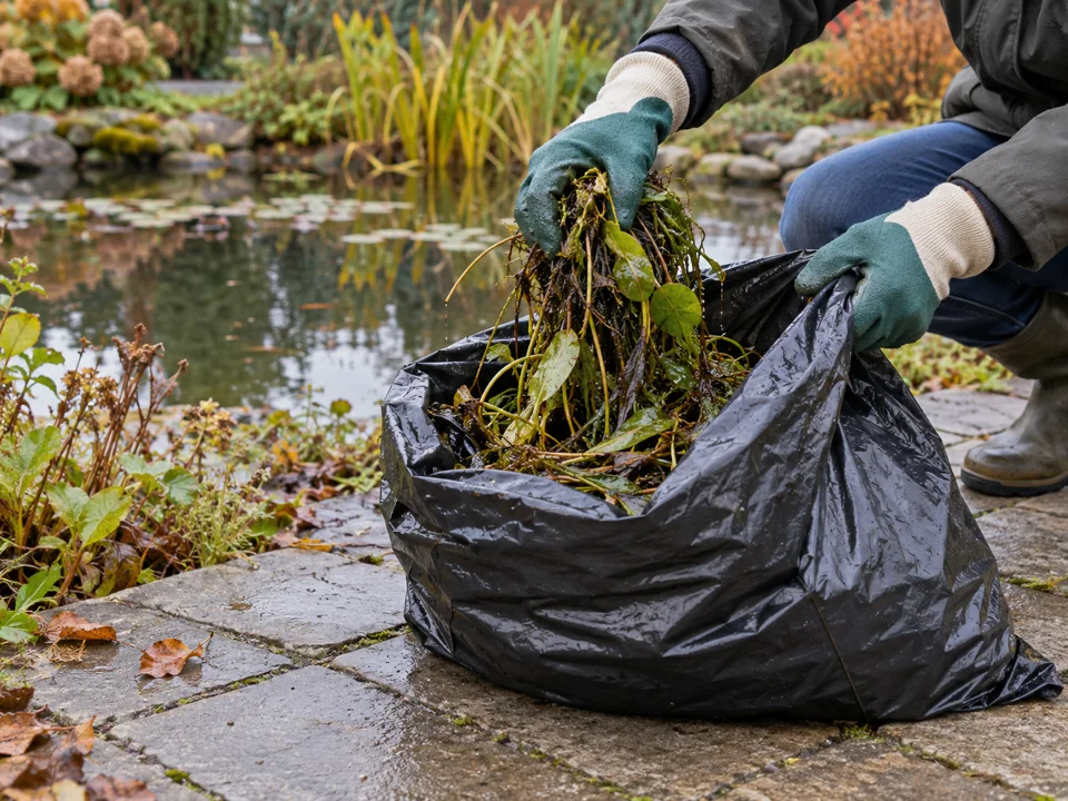 Waterplantenresten worden aan de vijverrand verzameld in een afvalzak
